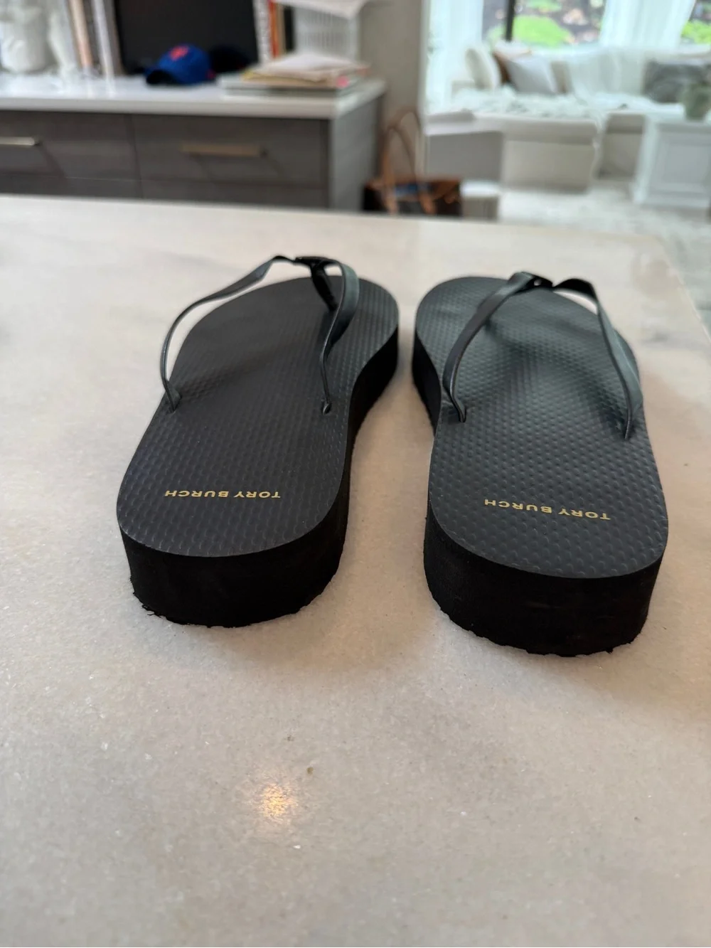 Tory Burch Black Flip Flop Sandals with Logo Medallions